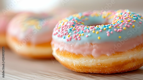 Wallpaper Mural Pastel donuts with sprinkles on wooden table Torontodigital.ca