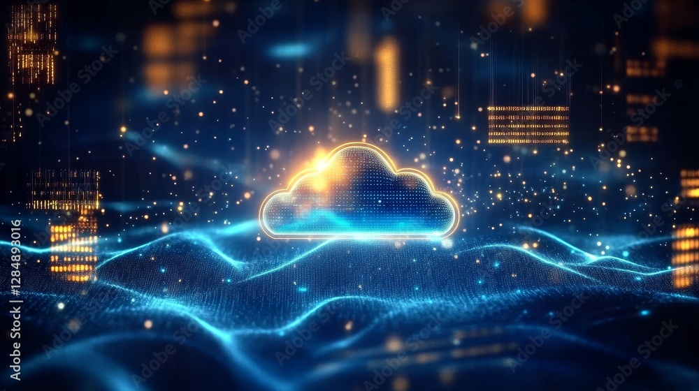 Fototapeta premium Glowing Cloud Computing Network Digital Particle Composition, Cloud Storage, Data, Network Cloud Computing, Digital Transformation