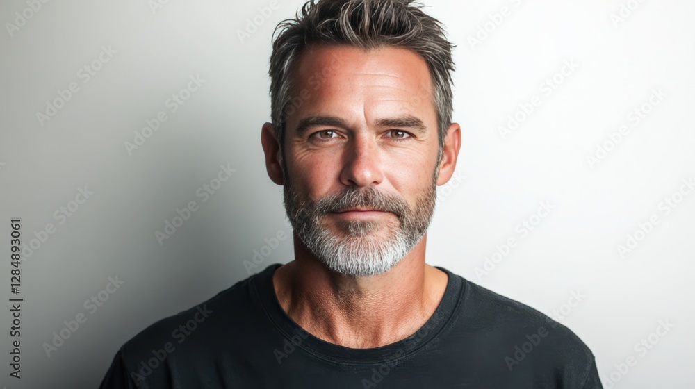 Confident Middle-Aged Man with Stylish Beard and Casual Attire Against a Light Background Confident Middle-Aged Man with Stylish Beard and Casual Attire Against a Light Background