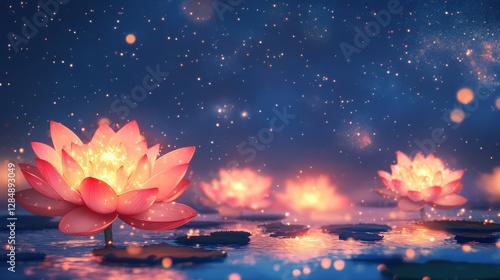 Glowing Lotus Flowers Night Bloom Digital Art, Fantasy Landscape, Magical Scene lotus flower, digital art