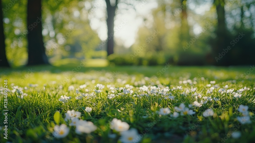 Fototapeta premium Lush green grass is adorned with blooming flowers, capturing the vibrant essence of spring as sunlight filters through the trees, signaling nature’s awakening