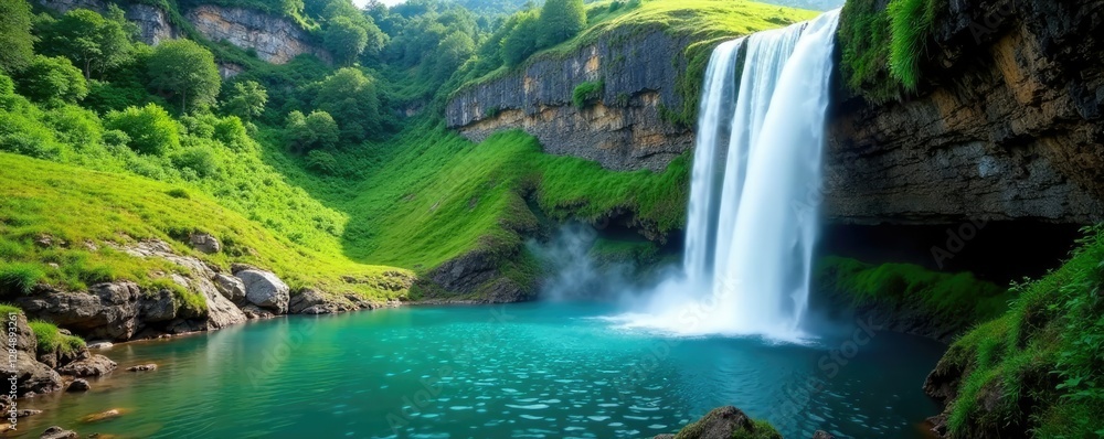 Naklejka premium Cliffside waterfall plunges into emerald pool, pool, reflection, cliff