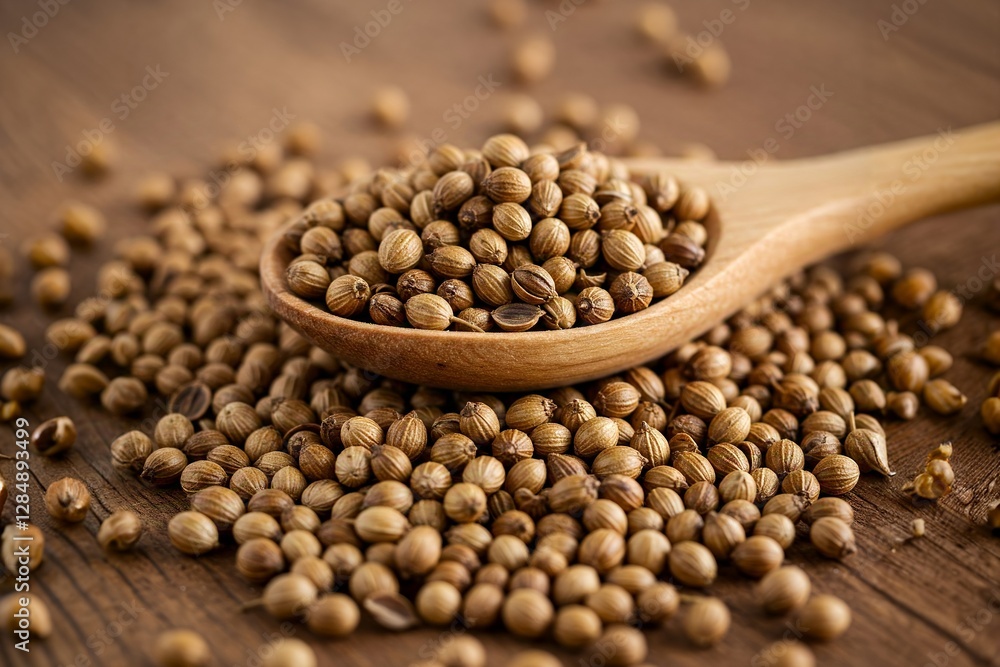 Close-up of Coriander Seeds in Wooden Spoon. A close-up image of coriander seeds, a popular culinary spice. Close-up of Coriander Seeds in Wooden Spoon. A close-up image of coriander seeds, a popular culinary spice.