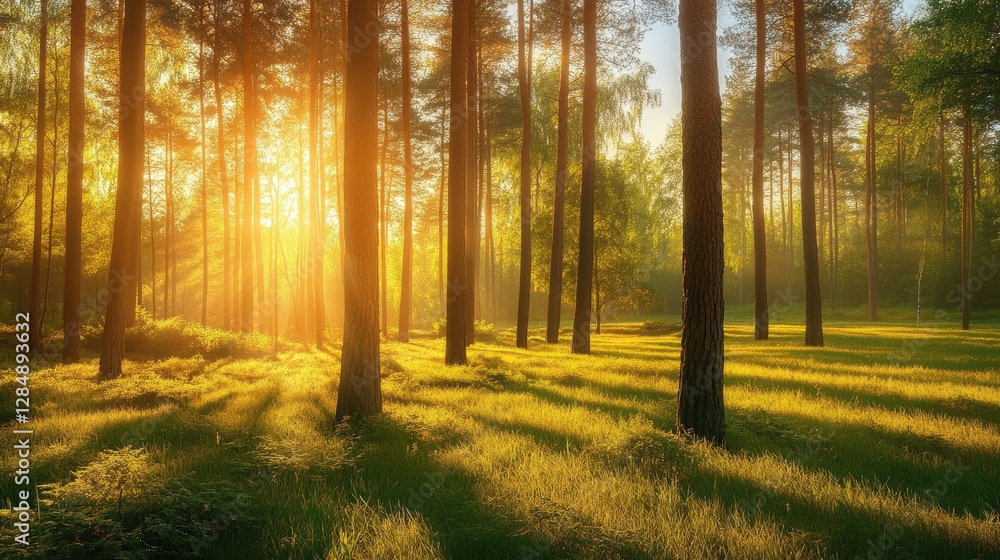 Naklejka premium Golden sunlight filters through trees in a vibrant forest, illuminating fresh green grass and signaling the arrival of spring. Nature thrives with new life