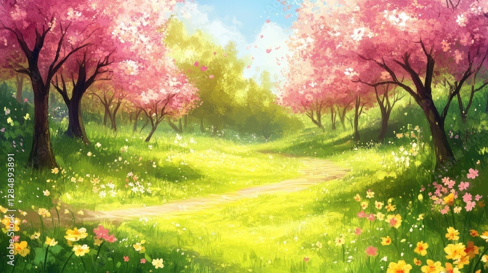 Colorful blossoms create a lively atmosphere in a bright spring landscape, showcasing the beauty of nature's renewal during this vibrant season Colorful blossoms create a lively atmosphere in a bright spring landscape, showcasing the beauty of nature's renewal during this vibrant season