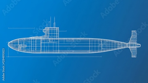 Submarine Wireframe Blueprint Side View, Naval Vessel Design, 3D Model, Submarine Design Submarine, Blueprint