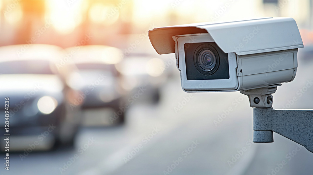 A sleek modern speed camera on a ring road, symbolizing enhanced highway safety through advanced technology and monitoring to reduce accidents and promote responsible driving A sleek modern speed camera on a ring road, symbolizing enhanced highway safety through advanced technology and monitoring to reduce accidents and promote responsible driving