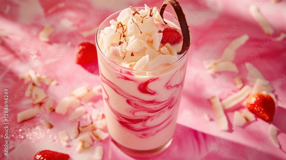 Creamy Coconut Strawberry Smoothie in Artistic Glass with Toppings Creamy Coconut Strawberry Smoothie in Artistic Glass with Toppings
