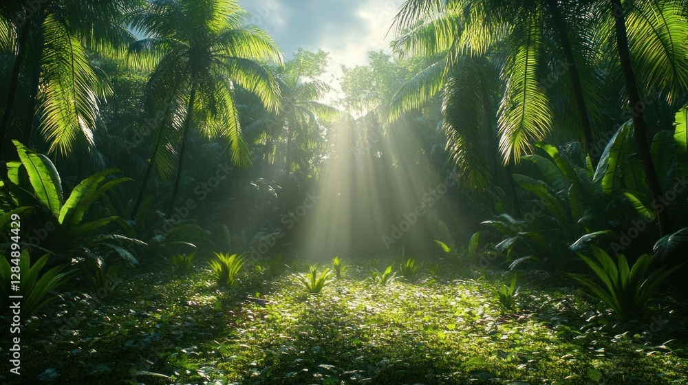 Fototapeta premium Tropical Sunlight Piercing Lush Jungle Floor