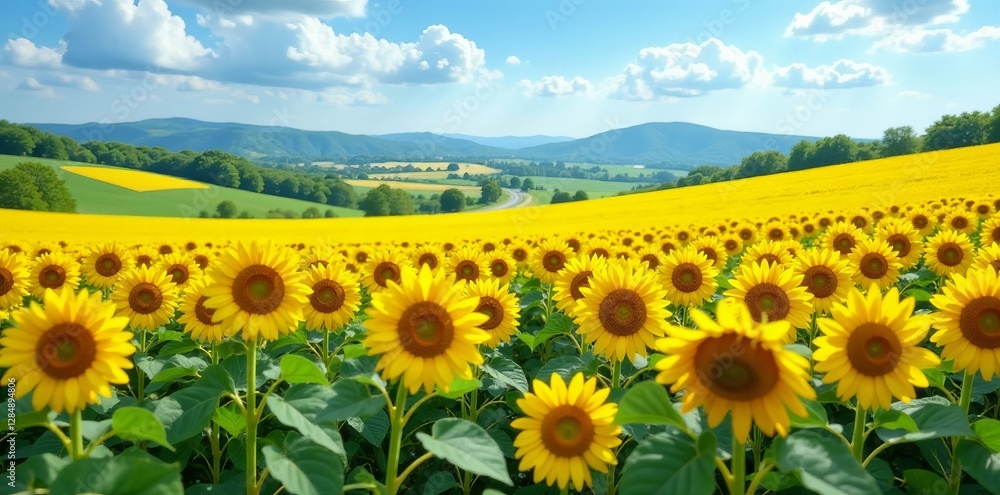 Fototapeta premium Vibrant sunflower field with rolling hills and blue sky, landscape, nature