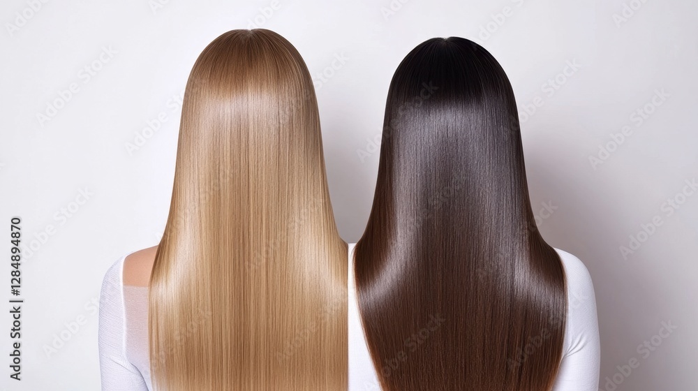 Fototapeta premium Comparison of Sleek Straight Blonde and Dark Hair on Woman's Heads
