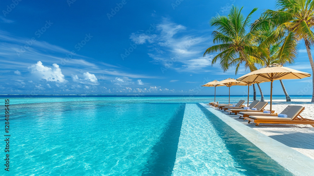 Infinity pool with loungers and umbrellas, palm trees framing the serene landscape of a Maldives island, symbolizing luxury, relaxation, and tropical paradise for a summer vacation escape Infinity pool with loungers and umbrellas, palm trees framing the serene landscape of a Maldives island, symbolizing luxury, relaxation, and tropical paradise for a summer vacation escape