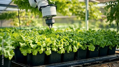 Robotic Arm Harvesting Lettuce in Greenhouse with Hydroponic System Featuring Advanced Technology for Precision Agriculture and Sustainable Food Production in Vertical Indoor Farm with Natural
