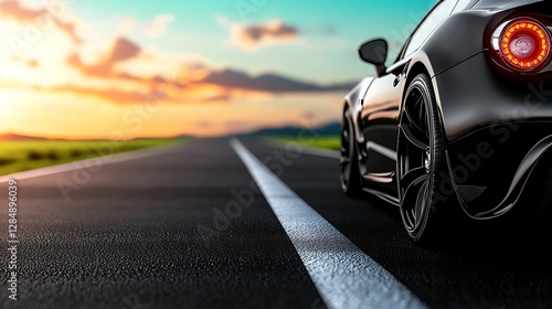 Sleek black sports car parked on an open road at sunset with vibrant sky and distant mountains