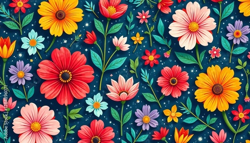 Vibrant wildflower pattern in bold colors for summer fashion, vibrant, textile