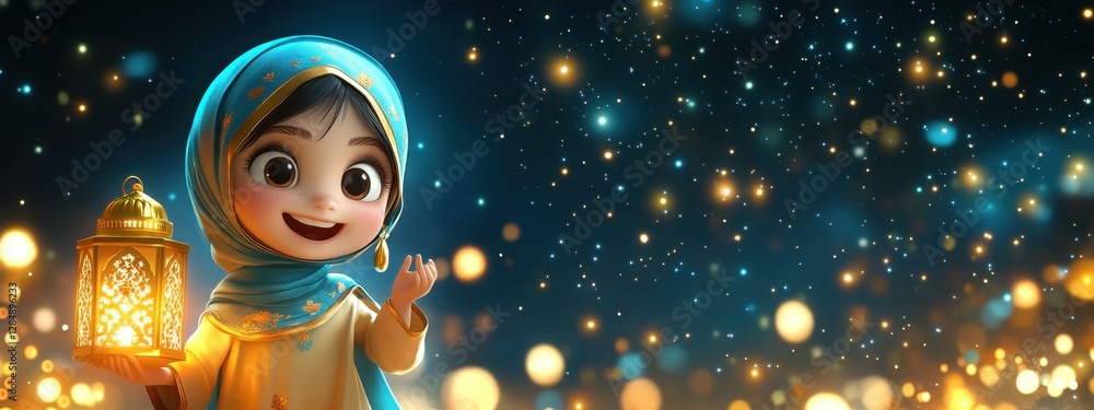 Enchanting Child with Lantern Embracing Joy and Light in a Magical Starry Night Scene Enchanting Child with Lantern Embracing Joy and Light in a Magical Starry Night Scene