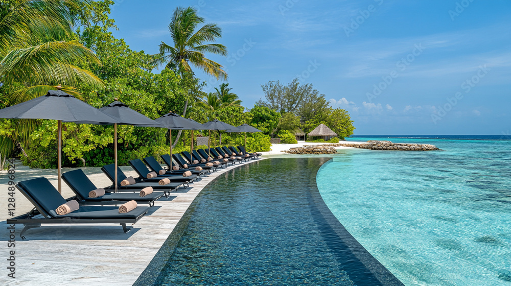 Obraz premium Infinity pool with loungers and umbrellas, palm trees framing the serene landscape of a Maldives island, symbolizing luxury, relaxation, and tropical paradise for a summer vacation escape