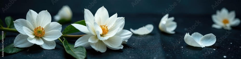 Fototapeta premium Delicate white petals unfolding on a dark, glossy background, petals, flowers, texture