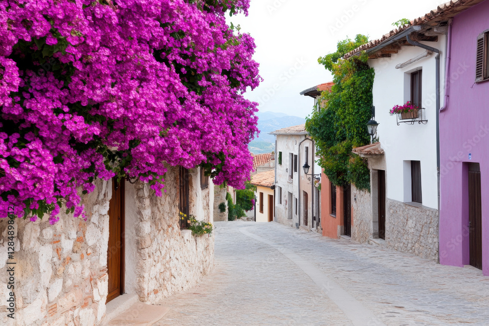 Obraz premium A street with a pink flower bush on the side