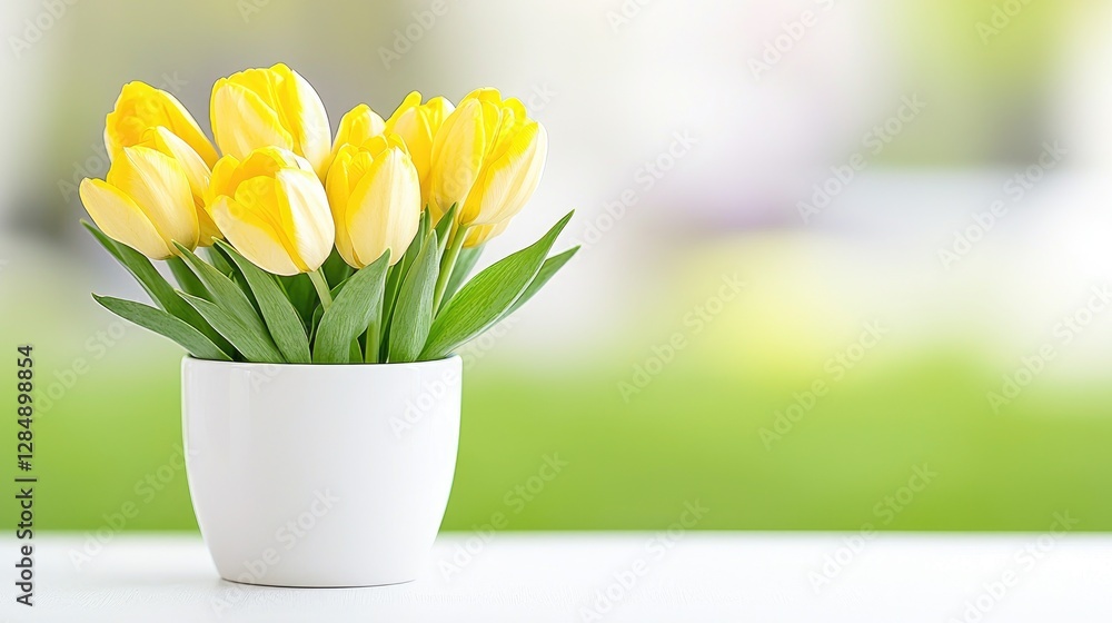 Yellow tulips in pot, spring garden background, greeting card Yellow tulips in pot, spring garden background, greeting card