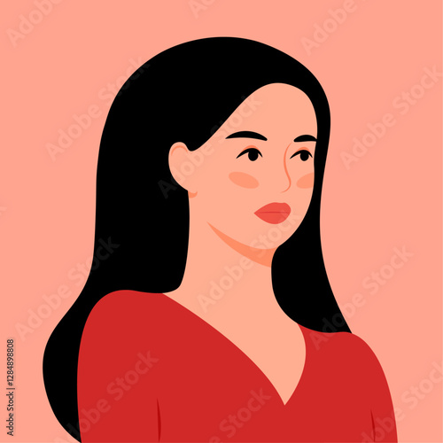 black haired woman portrait in red dress, vector illustration