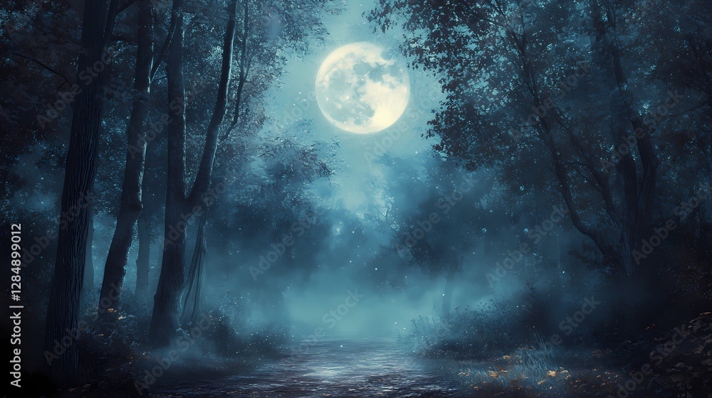 Fototapeta premium Mystical moonlit forest with foggy pathway. Enchanted Moonlit Pathway. Illustration