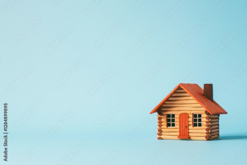 A Small Model House Displayed on a Light Blue Background A Small Model House Displayed on a Light Blue Background