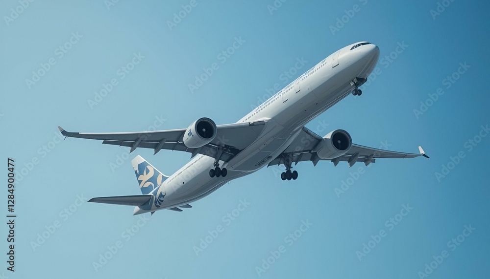 Majestic commercial airliner soaring through the clear blue sky Majestic commercial airliner soaring through the clear blue sky