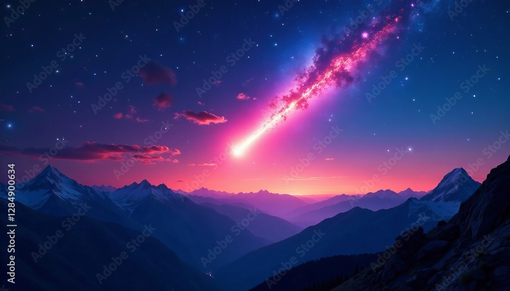 Fototapeta premium Vibrant neowise comet illuminating night sky above mountains, comet, stars
