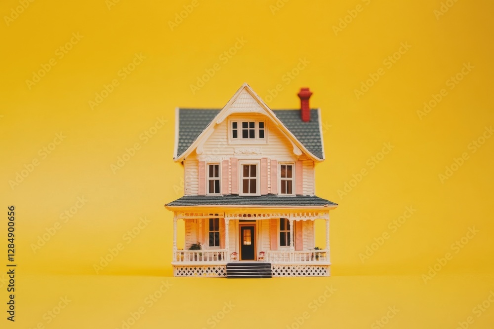 A Small Adorable Toy House Stands Against a Yellow Backdrop A Small Adorable Toy House Stands Against a Yellow Backdrop