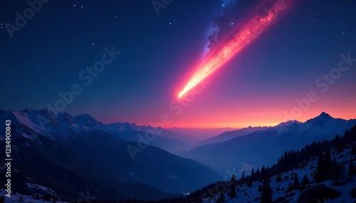 Vibrant neowise comet illuminating night sky above mountains, mountains, vibrant, colorful photo