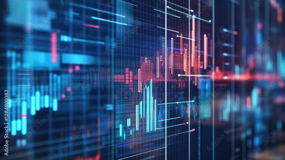 Abstract futuristic concept of AI-driven analytics with floating holographic business charts Abstract futuristic concept of AI-driven analytics with floating holographic business charts