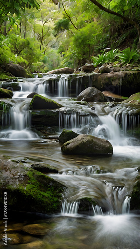 Tranquil Forest Waterfall in Spring Season: Explore Scenic Nature, Flowing River, and Mossy Rocks