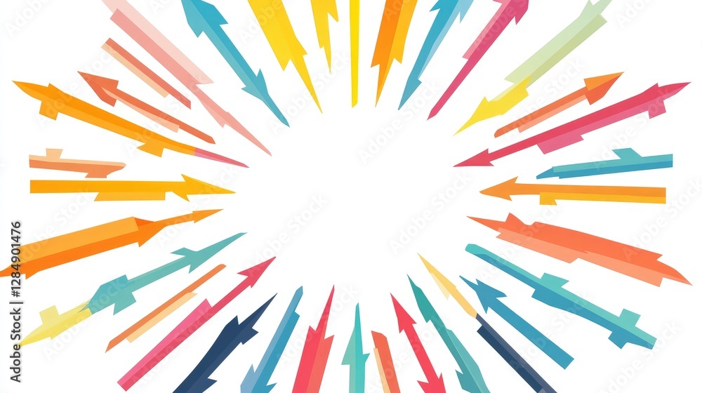 Abstract teamwork concept with multiple arrows converging towards a common goal on a white background Abstract teamwork concept with multiple arrows converging towards a common goal on a white background
