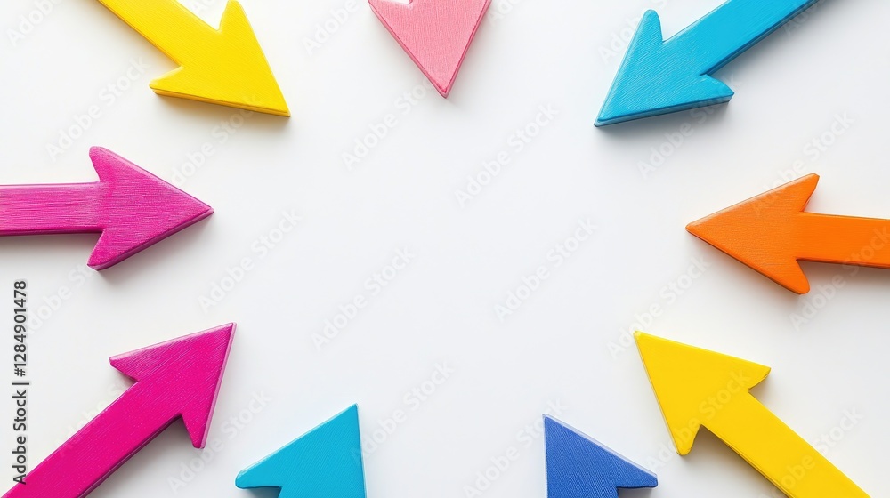 Abstract teamwork concept with multiple arrows converging towards a common goal on a white background Abstract teamwork concept with multiple arrows converging towards a common goal on a white background