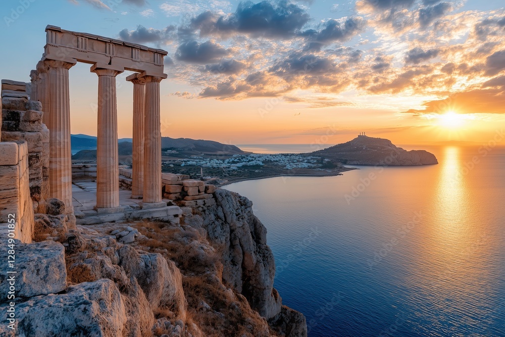 Ancient Greek Ruins Overlooking the Sea at Sunset – Travel and Historical Landmark Ancient Greek Ruins Overlooking the Sea at Sunset – Travel and Historical Landmark