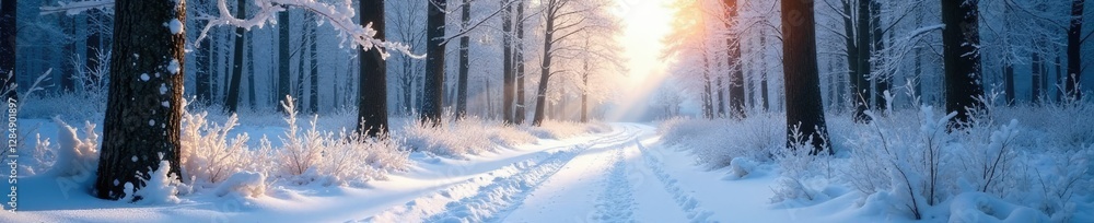 Frost and snow created a serene and peaceful atmosphere in the woods, snow covered, cold weather, frozen landscape Frost and snow created a serene and peaceful atmosphere in the woods, snow covered, cold weather, frozen landscape
