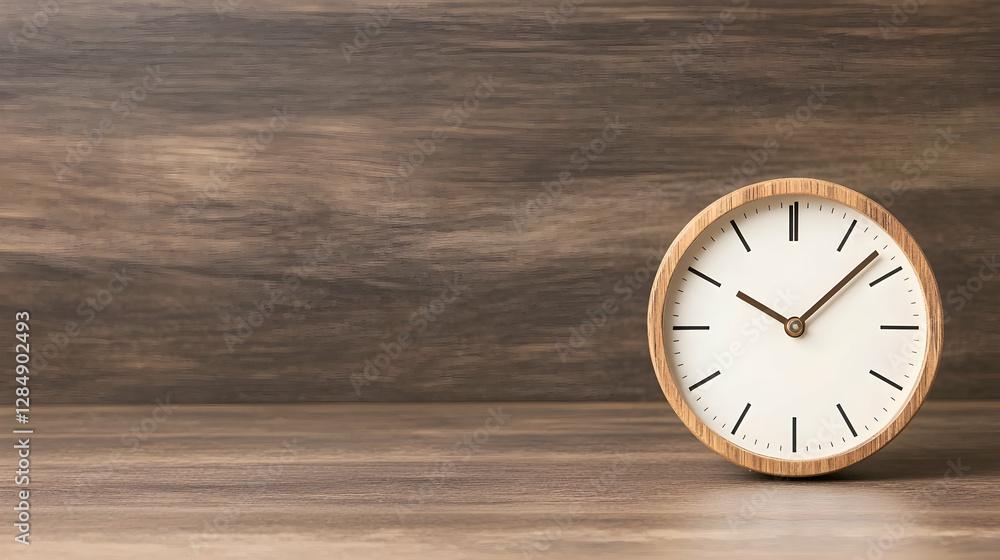 Wooden clock on desk, time management concept, dark wood background, business Wooden clock on desk, time management concept, dark wood background, business