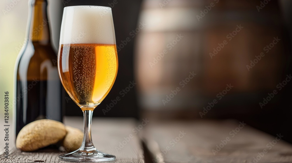 Cold beer glass, bottle, pretzels, wooden table, brewery background Cold beer glass, bottle, pretzels, wooden table, brewery background