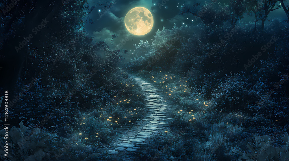 Fototapeta premium Enchanting moonlit forest pathway serene nature digital artwork mystical environment aerial view fantasy concept. Enchanted Moonlit Pathway. Illustration