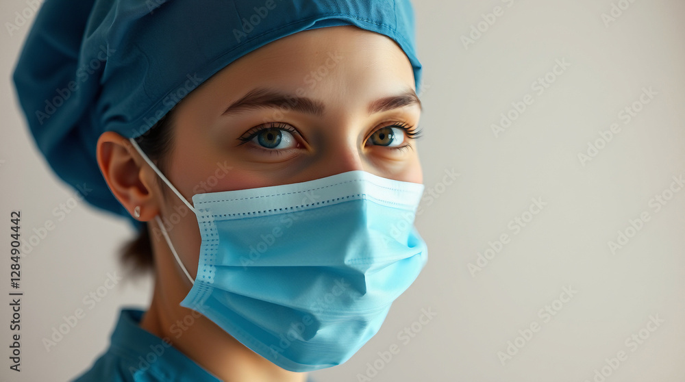 a girl with light skin, wearing a blue surgical mask and a matching hair cap a girl with light skin, wearing a blue surgical mask and a matching hair cap