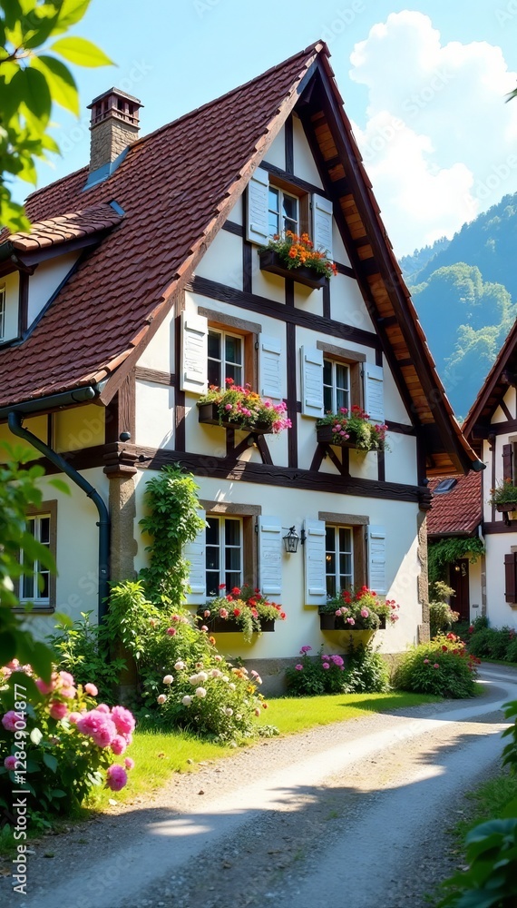 Traditional German house in a picturesque village with flower boxes, Germany, house Traditional German house in a picturesque village with flower boxes, Germany, house