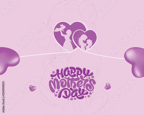 Beautiful Mother's Day illustration featuring heart-shaped silhouettes of a mother with her child, surrounded by purple hearts. Ideal for greeting cards, posters, and social media designs