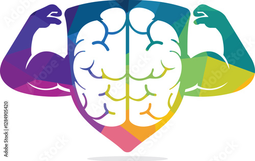 Strong brain vector logo design. Brain, intellect power. Willpower concept. high IQ concept. Brain with strong double biceps. Vector illustration.