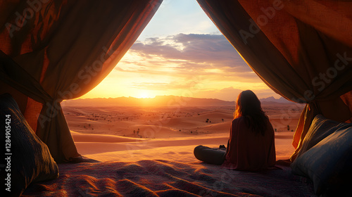 Adventurous Woman Camping in the Sahara Desert