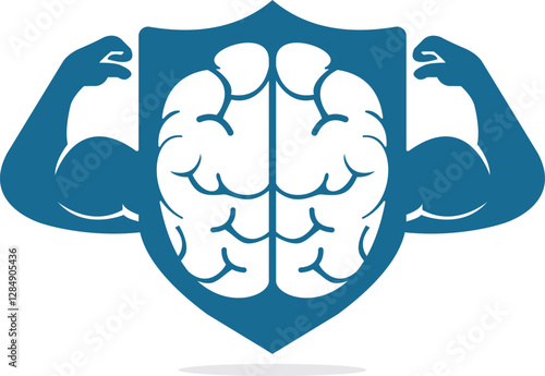 Strong brain vector logo design. Brain, intellect power. Willpower concept. high IQ concept. Brain with strong double biceps. Vector illustration.