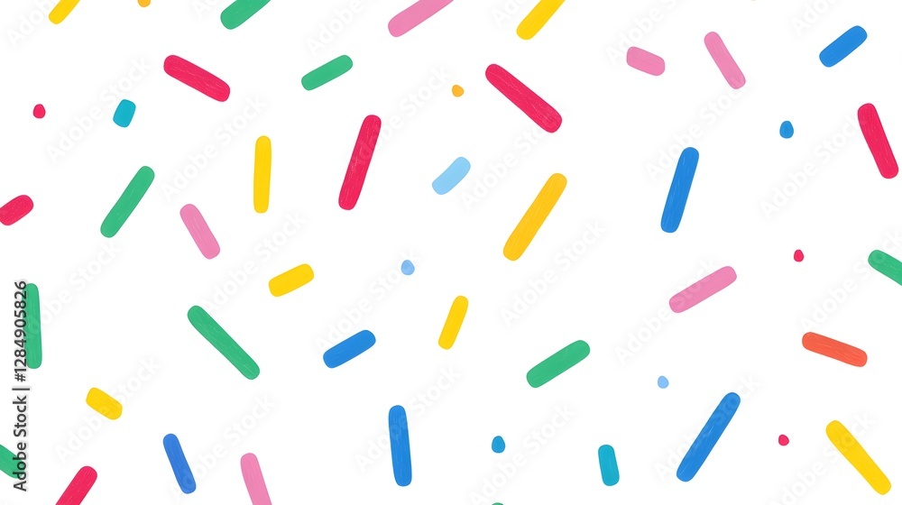 Scattered colorful sprinkles against a pristine white background are visible Scattered colorful sprinkles against a pristine white background are visible