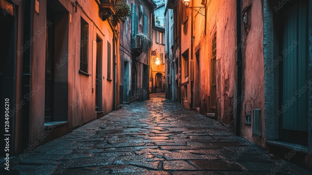 Fototapeta premium A dimly lit alleyway with a single flickering streetlamp, creating a moody and cinematic feel