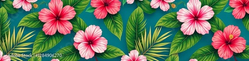 Wallpaper Mural Tropical paradise motif featuring hibiscus and palm leaves in a seamless pattern, exotic, colorful Torontodigital.ca