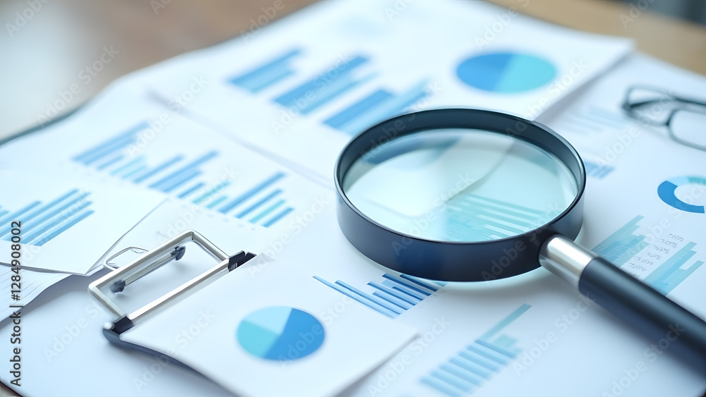 Clipboard with financial documents, charts, and a magnifying glass. Features bar charts, line graphs, and data analysis in a clean, professional, and organized workspace. Clipboard with financial documents, charts, and a magnifying glass. Features bar charts, line graphs, and data analysis in a clean, professional, and organized workspace.